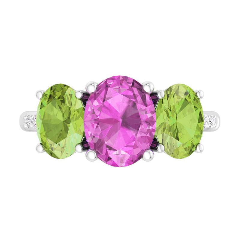 Martha Stewart 5ctw. Oval Pink Sapphire, Peridot & Lab Grown Diamond Three Stone Ring In Sterling Silver image number null